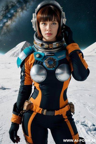 Woman in a steampunk space suit, bangles, short bob hair, messy blue hair, holding a space helmet, nordic scenery, snowy mountain with a wrecked space ship, orange with red lines and black letters - ai-porn.ai on pornsimulated.com