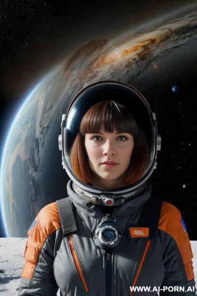 Woman in a dark gray space suit, bangles, short bob hair, messy blue hair, holding a space helmet, nordic scenery, snowy mountain with a wrecked space ship, orange with red lines and black letters - ai-porn.ai on pornsimulated.com