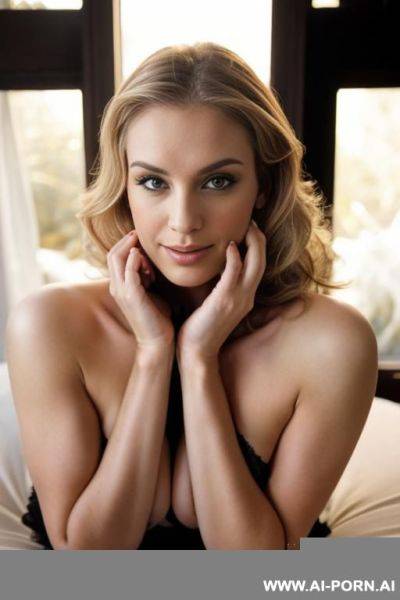 Sexy blonde haired woman, fair skin, with natural breasts, totally naked, sitting in front of a fireplace, spreading her legs, holding her hands above her head, showing her breasts and nipples, looking seductive. - ai-porn.ai on pornsimulated.com