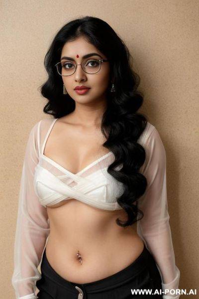 Big eyes, round face, saree, pale skin, cute, beautiful, indian woman, navel, flashing navel, round glasses, chubby, background ((wall)) - ai-porn.ai - India on pornsimulated.com