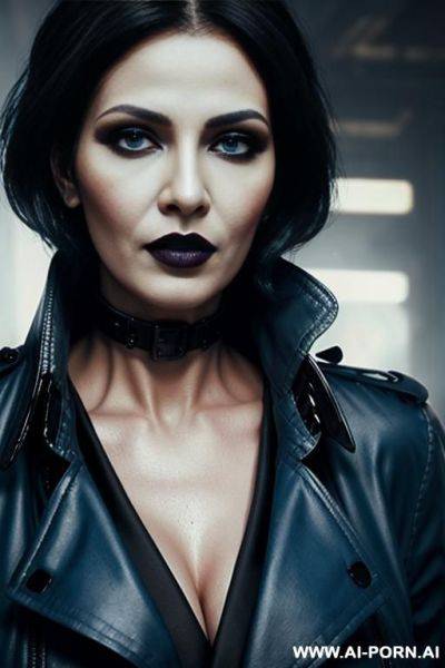 (close up) (goth woman) (pallid skin) (blue eye tint) (short black trench coat) (cyberpunk city) mature face - ai-porn.ai on pornsimulated.com
