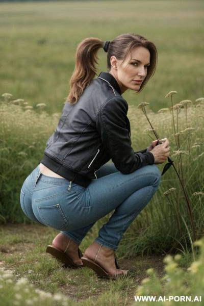 Slender german woman, ponytail, squatting in weeds, gap between feet, jeanspants, jacket, backview - ai-porn.ai - Germany on pornsimulated.com