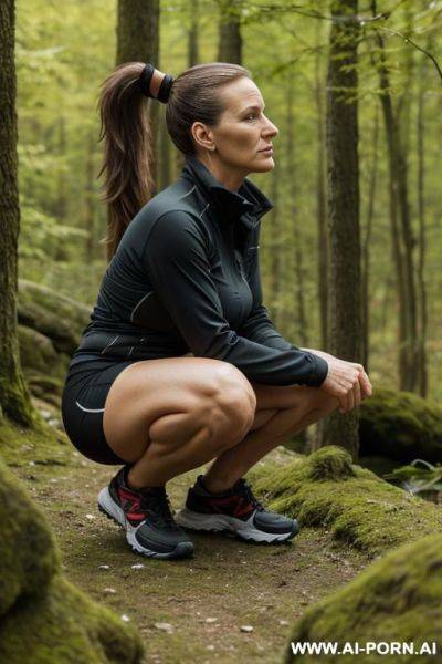 Slender german woman, ponytail, squatting in nature, outdoor-clothes, side-view - ai-porn.ai - Germany on pornsimulated.com