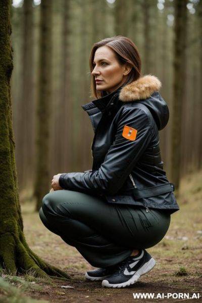 Slender dutch woman, squatting in nature,, pants, jacket, side-view - ai-porn.ai - Netherlands on pornsimulated.com