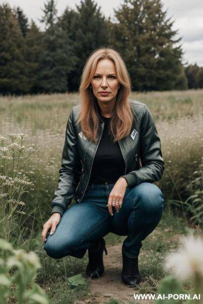 Slender german woman, squatting in weeds,, jeanspants, jacket - ai-porn.ai - Germany on pornsimulated.com