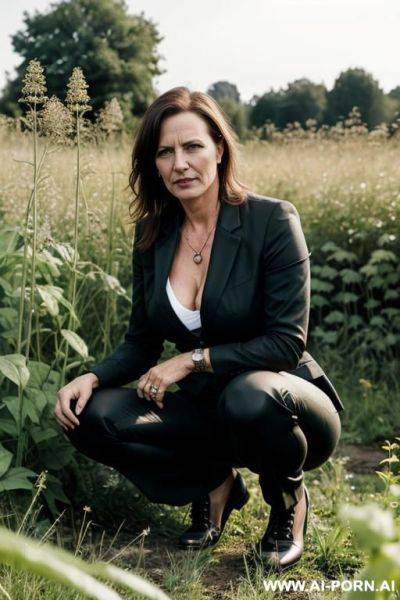 German woman, edgy chin, squatting in weeds, pants - ai-porn.ai - Germany on pornsimulated.com