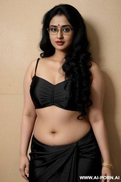 Big eyes, saree, pale skin, cute, beautiful, indian woman, navel, flashing navel, round glasses, chubby, background ((wall)) - ai-porn.ai - India on pornsimulated.com