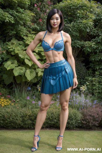 Korean, short hair, fit, abs, muscular arms, big ass, tall, long legs, navel piercing, blue bra, blue pleat skirt, looking at camera, full body, stiletto, in garden - ai-porn.ai - North Korea on pornsimulated.com