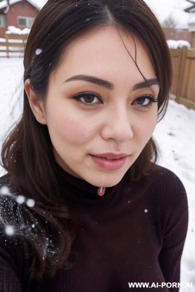 (facial cumshot), staring, turtleneck sweater, outdoor, snow is falling, full shot view, front view - ai-porn.ai on pornsimulated.com