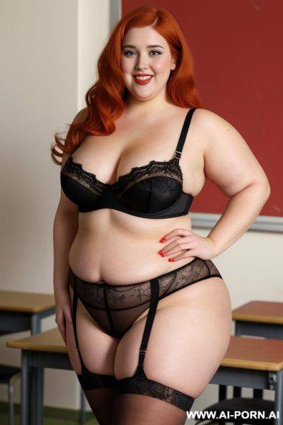 Half body photo shot, about at classroom, very fat bbw ((thick and obese)) with love handless and tummy, wearing a sexy and hot red lace stocking lingeries and a microskirt - ai-porn.ai on pornsimulated.com
