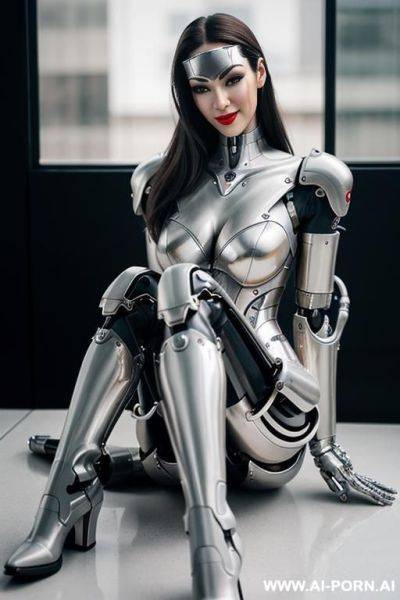 Realistic beautiful cyborg robot woman completely made of silver metal-latex skin long legs with boots. - ai-porn.ai on pornsimulated.com