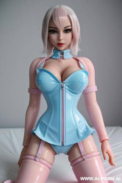 Perfect manga bimbo, seamless latex corset, exposed pussy, pink latex bed, riding pose, closeup on face, light blue rubberdoll, ((sexdoll)), latex bimbo, rubber puppet, full body visible, wet body, (((wet latex))) - ai-porn.ai on pornsimulated.com