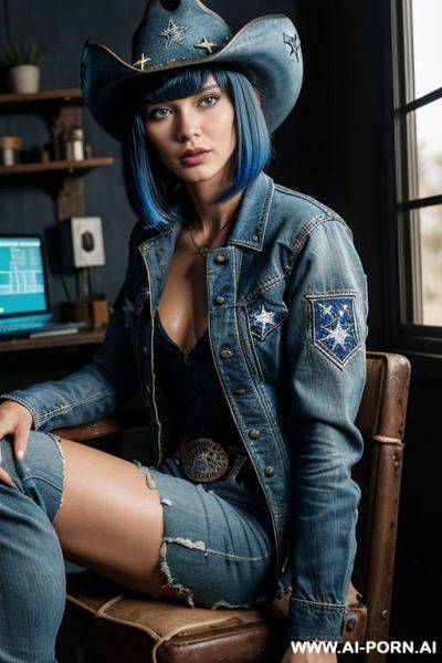 (close up) (cyberpunk woman) (black hair) (pallid skin) (blue eye tint) (leaning back in chair) (legs spread) (dark room with computers) - ai-porn.ai on pornsimulated.com
