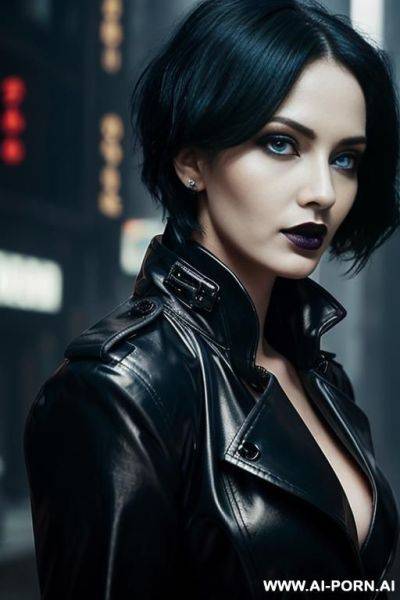 (close up) (goth woman) (pallid skin) (blue eye tint) (short black trench coat) (cyberpunk city) - ai-porn.ai on pornsimulated.com