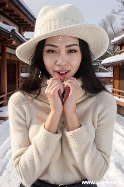 (((facial cumshot))), staring, turtleneck beige sweater, woolen white hat, outdoor, snow is falling, full shot view, front view - ai-porn.ai on pornsimulated.com