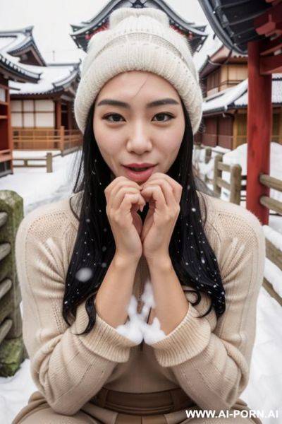 (((facial cumshot))), straight face, staring, turtleneck beige sweater, white knitted hat, outdoor, (snow is falling), full shot view, front view - ai-porn.ai on pornsimulated.com