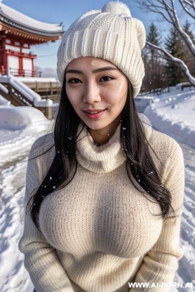((facial cumshot)), staring, white sweater, woolen muffler, woolen hat, woolen gloves, outdoor, snow is falling, full shot view, front view - ai-porn.ai on pornsimulated.com