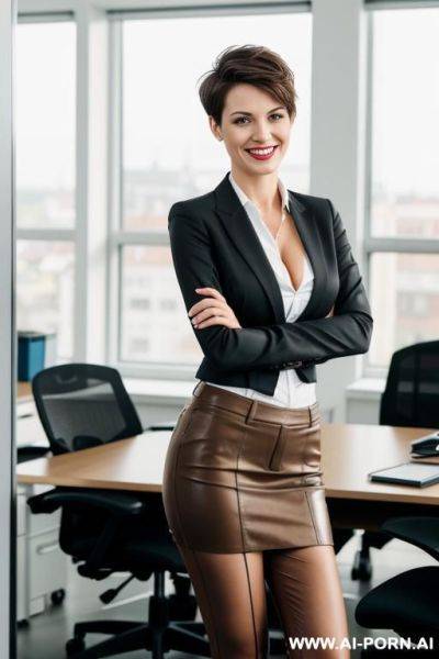 Short german woman, late 20s, pixiecut, , grinning, brown hair, standing in office - ai-porn.ai - Germany on pornsimulated.com