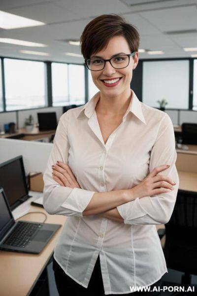 Short nerdy german woman, late 20s, pixiecut, friendly , grinning, brown hair, standing in office - ai-porn.ai - Germany on pornsimulated.com