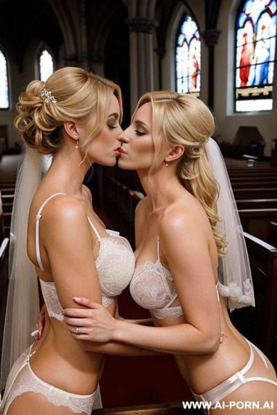 Two gorgeous blonde twins with bride lingerie kissing each other in the church - ai-porn.ai on pornsimulated.com