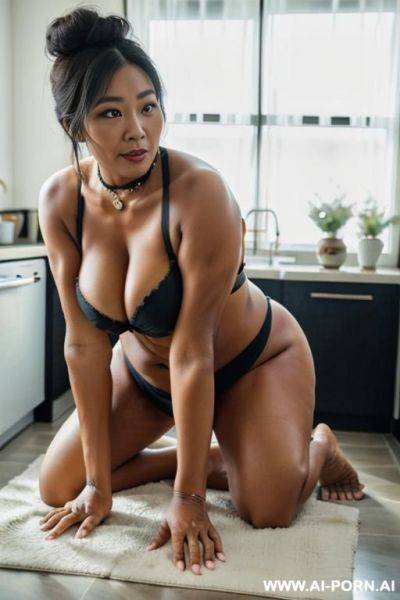 Obese matured very old black gilf, very fat, very large hips, very plump, extra thicc, wrinkles, wrinkled skin, aging marks, hair bun, french maid outfit, french maid, maid, soubrette, extremely gigantic boobs, choker, perfect eyes, kitchen, waist shot - ai-porn.ai - France on pornsimulated.com