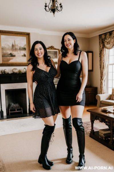 Two beautiful women, mother (mid 30s) and woman (1), wearing sundresses, black stockings and riding boots, smiling, in a mansion - ai-porn.ai on pornsimulated.com