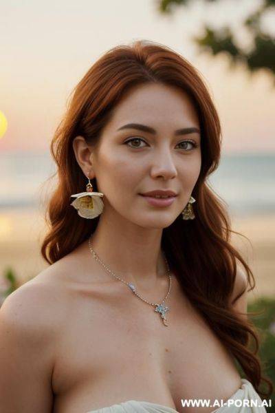 ((topless)), (eye contact), (looking into camera), (necklace, earrings), (bracelets), (slight smile), (wearing flowers), (plump natural breasts), (topless) - ai-porn.ai on pornsimulated.com