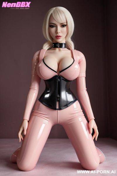 Perfect manga bimbo, seamless latex corset, exposed boobs, pink latex bed, kneeling pony pose, closeup on face, rubberdoll, sexdoll, latex bimbo, rubber pupped, full body visible, wet body, wet latex - ai-porn.ai on pornsimulated.com