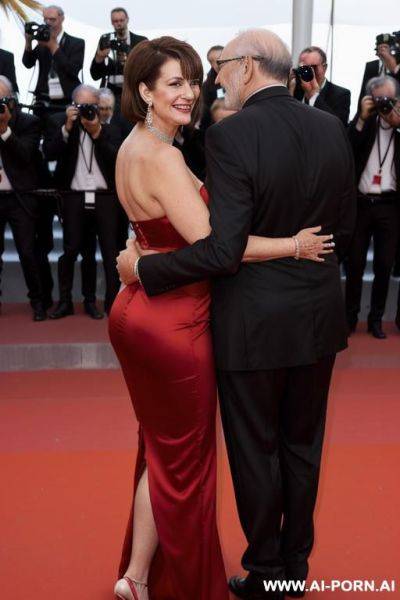 Red satin dress, necklace, earrings, bracelet, 1 old man in tuxedo, side view - ai-porn.ai on pornsimulated.com