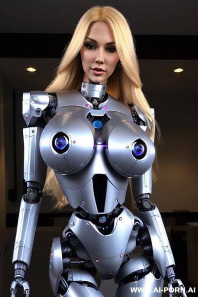 Sexbot, full body view, long blonde hair, pretty face, (fully robotic body, fit body, shapely body, huge firm robotic tits:1.3) - ai-porn.ai on pornsimulated.com