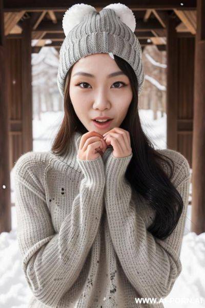 (((facial cumshot))), staring, turtleneck gray sweater, white knitted hat, snow is falling, full shot view, front view - ai-porn.ai on pornsimulated.com