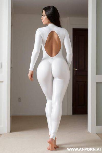 Bare feet, wearing tight white catsuit, perfect butt, hourglass figure, standing with sister - ai-porn.ai on pornsimulated.com