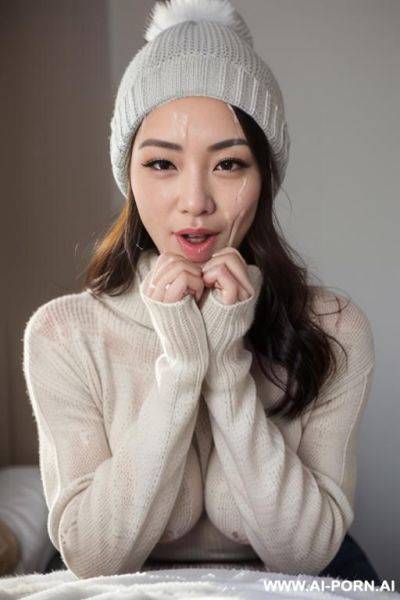 (((facial cumshot))), stare intly, turtleneck gray sweater, white knitted hat, snow is falling, full shot view, front view - ai-porn.ai on pornsimulated.com