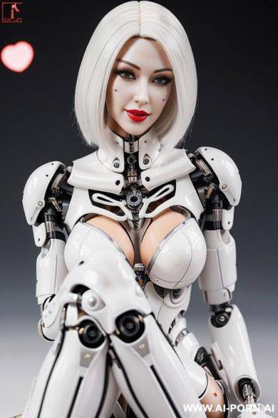 Realistic beautiful cyborg robot woman doll completely made of white latex skin long legs with boots. - ai-porn.ai on pornsimulated.com