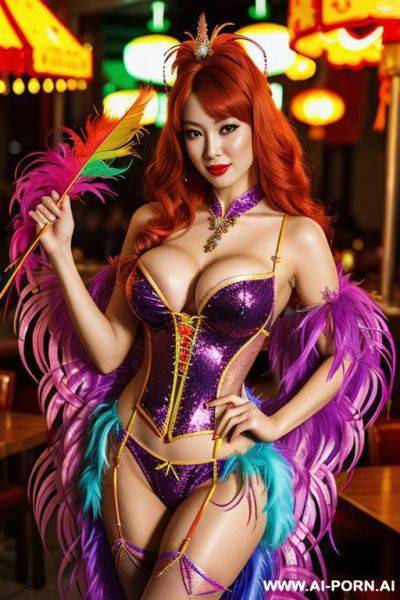 Chinese, rainbow feather studed bright diamond transparent corset，feather tutu skirt， mesh robe， rainbow sequin bra ,necklace，rainbow large pointed thigh-high boots - ai-porn.ai - China on pornsimulated.com