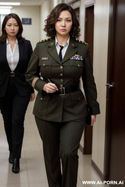 Reporting to work, wearing a military uniform, notebook in hand, pen in hand - ai-porn.ai on pornsimulated.com