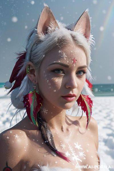 Face, sexy, beautiful, ((face painting)), ((bikini as seashell)), ((tattoo roses)), ((eyes shw)), ((angel wings)), ((rainbow hair)), ((long bu hair)), ((wind)), (( cat face)), (( cat ears)), (((feather - ai-porn.ai on pornsimulated.com