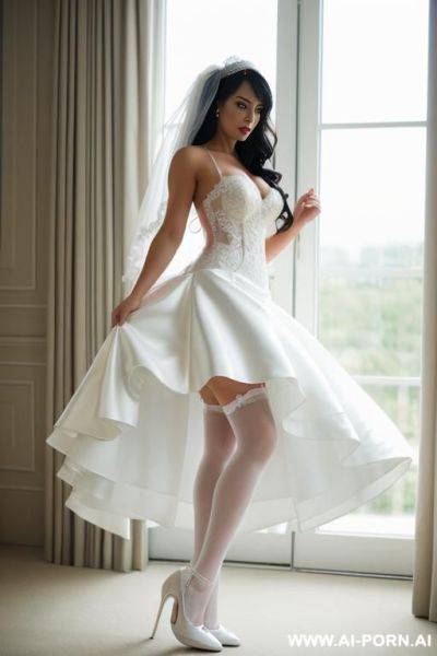 Bride in wedding dress with white stockings and high heels with upset face - ai-porn.ai on pornsimulated.com