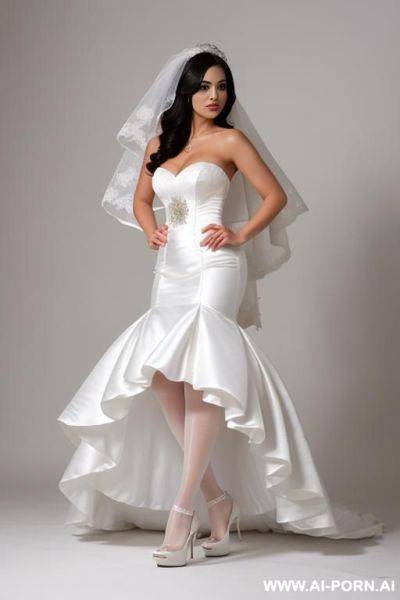 Bride in wedding dress with white stockings and high heels with upset face looking to the camera - ai-porn.ai on pornsimulated.com