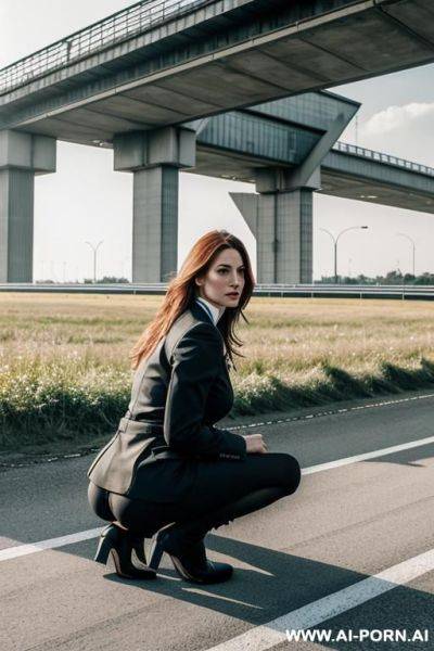 German woman normal clothes squatting on field behind motorway-guardrail - ai-porn.ai - Germany on pornsimulated.com