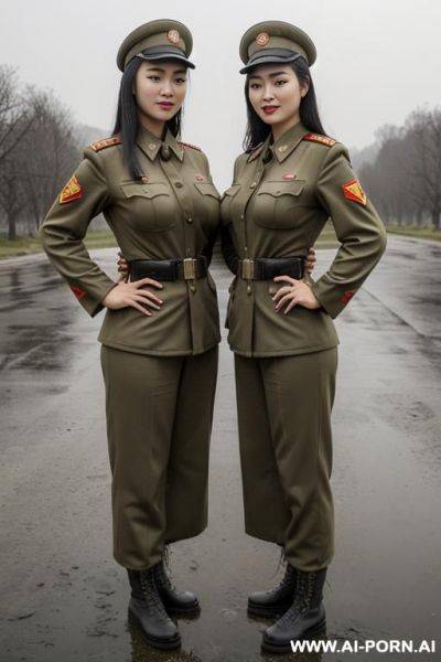 ((two women standing each other))（standing in the rain, apocalyptic world, clothes falling off）（realistic) (completely naked no clothes) (((saggy oversize huge long gigantic boobs most realistic))) - ai-porn.ai on pornsimulated.com