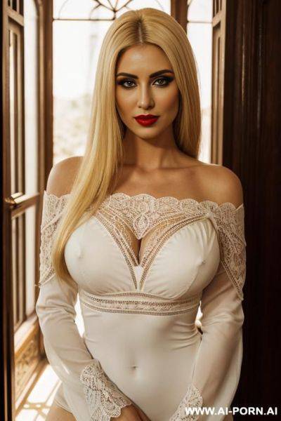 Goth, eye contact, red lipstick, very long hair, white gorgeous cacked woman , round soft face , sexy pretty body, wearing sexy long sleeve lace off shoulder lace ruffle cut out lace micro dress - ai-porn.ai on pornsimulated.com
