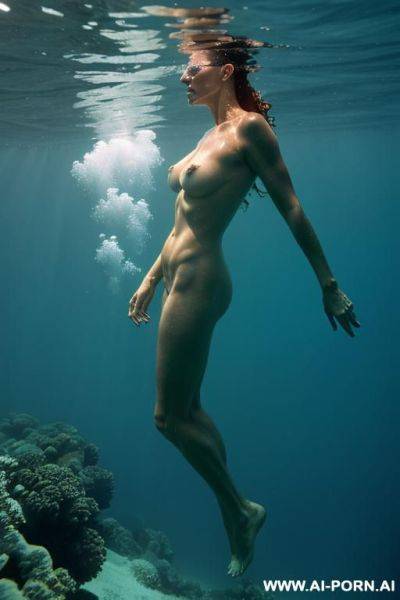Diver, deep underwater, body is horizontally, side view - ai-porn.ai on pornsimulated.com