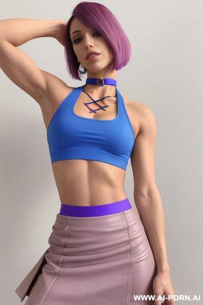 Neutral_standing_position, (fitness woman), ((blue skirt)), (multi-colored crop top)), (choker) - ai-porn.ai on pornsimulated.com