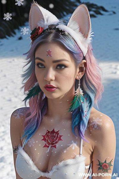 Face, sexy, beautiful, ((face painting)), ((bikini as seashell)), ((tattoo roses)), ((eyes shw)), ((angel wings)), ((rainbow hair)), ((long bu hair)), ((wind)), (( cat face)), (( cat ears)), (((feather - ai-porn.ai on pornsimulated.com