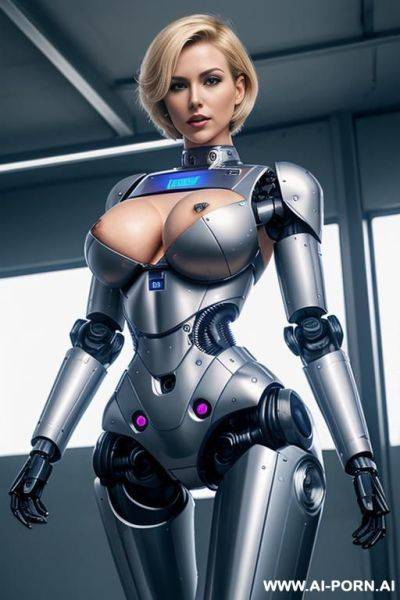 Robotic police officer, pretty face, short blonde hair, (fully robotic body, athletic body, shapely legs, shapely arms, huge robotic tits:1.1) - ai-porn.ai on pornsimulated.com