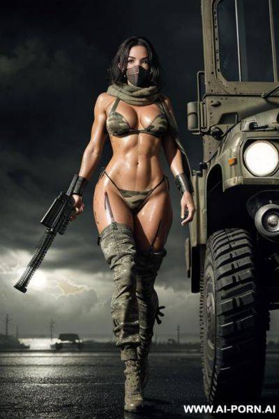 At nigth in the apocalyptic city , cloudy sky fog battle city , atomic bomb explosions landscape , side view horizont looking , walking sexy pose , oil body , camouflage thong , topless - ai-porn.ai on pornsimulated.com