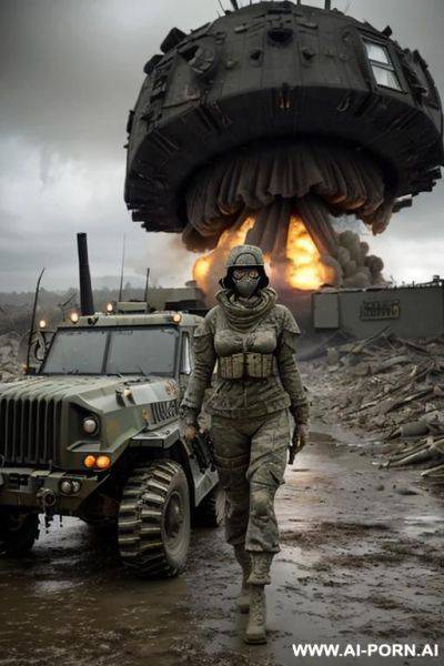 At nigth , apocalyptic city , cloudy sky fog battle city , atomic bomb explosions landscape , horizont looking , walking sexy pose , mud-stained body , camouflage thong , topless huge tits - ai-porn.ai on pornsimulated.com