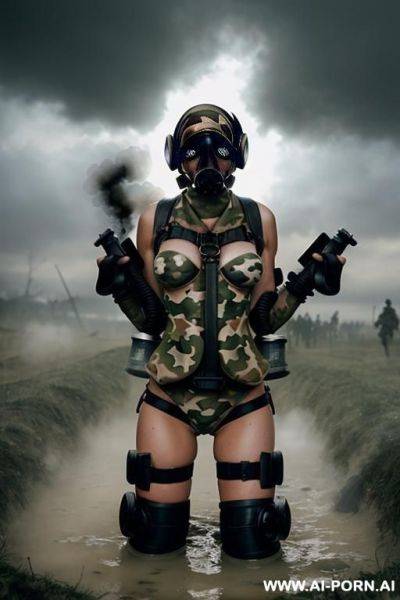 Cloudy sky fog in the trench of a battlefield , bomb explosions crossfire landscape , keep same face , horizont looking , knee sexy pose , mud-stained body , camouflage thong , topless huge - ai-porn.ai on pornsimulated.com
