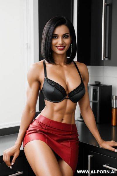 Indian, short hair, fit, abs, muscular arms, big ass, tall, long legs, navel piercing, black and red bra, black and red pleat skirt, looking at camera, full body, stiletto, sitting on kitchen counter - ai-porn.ai - India on pornsimulated.com